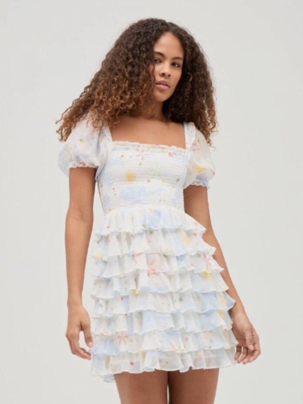 Hill House Home Nap Dress Smocked Ruffle Mini Blue Floral Size Small